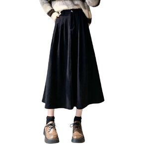 chouyatou Women's Vintage Corduroy A Line Skirt High Elastic Waist Pleated Swing Midi Long Skirt with Pockets