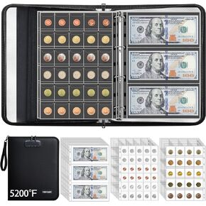 5200℉ Coin Collection Album with Lock, 400 Pockets Fireproof Coin Book & 36 Paper Currency Binder Sleeves, Coin Holder with Aluminum Foil Lining, Collecting Organizer for Pennies,Bill,Stamps,Badges
