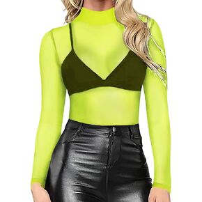 Smile Fish Womens Long Sleeve Sheer Mesh Top Sexy Turtleneck See Through Fitted Blouse Shirts