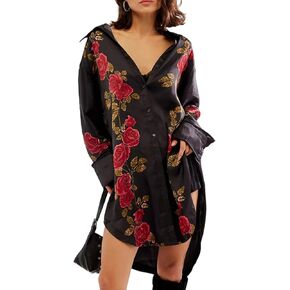 Women's Button Down Floral Print Shirt Dress Fall Fashion Long Sleeve Oversized Lightweight Blouses Tops