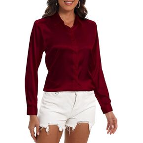 COUXILY Womens Satin Button Down Shirt Business Casual Long Sleeve Silk Blouse Collared Curved Hem Slim Fit Office Work Tops