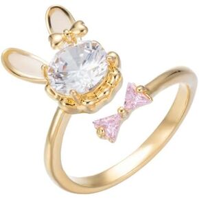 Kokoma Cute Bunny Rabbit Ring for Women CZ Crystal Pink Bow Wrap Finger Band Animal Open Statement Ring Promise Eternity Rings Wedding Band Dainty Jewelry