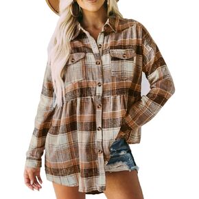 Women's Plaid Shirts Long Sleeves Button Down Peplum Babydoll Jacket Oversized Flannel Shirts Casual Pocket Blouses Tops