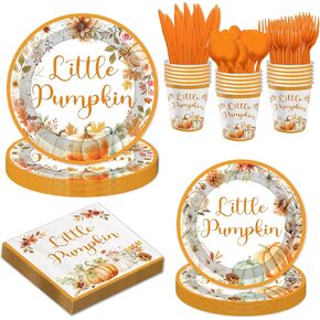 168 Pcs Little Pumpkin Baby Shower Party Decorations - Fall Baby Shower and Thanksgiving Party Supplies - Disposable Plates, Cups, Napkins, Knives, Forks, and Spoons - Serves 24