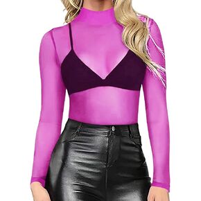 بلوزة حريمي من Smile Fish بأكمام طويلة من القماش الشبكي الشفاف وياقة مدورة مثيرة شفافة من خلال بلوزة ملائمة in Kuwait