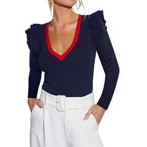 Ezbelle Women's Long Sleeve V Neck Ruffle Shirts Ribbed Knit Blouses Sxey Trendy Fall Tops 2024 Fashion