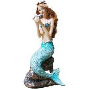 Mermaid Bathroom Decor Statue - 6.7" Tall Mediterranean Princess Resin Sculpture for Home Decoration (Looking Up, Medium)