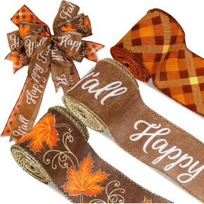 Fall Glitter Wired Edge Ribbon Autumn Maple Leaves Plaid Ribbon Thanksgiving Fabric Ribbon for Wreath Bow Making DIY Craft Wrapping, 3 Rolls, 18 Yard