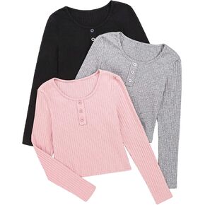 OYOANGLE Girl's 3 Packs Button Front Crew Neck Long Sleeve T-Shirt Ribbed Knit Basic Tee Tops