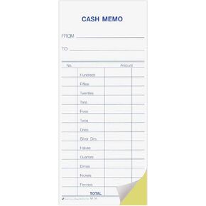 2-Part Carbonless Cash Transfer Memo Pads, 2-3/4" x 6-1/4" with Stub, Pack of 500, White & Canary Duplicated Pages, Blue Ink, Detailed Cash Transaction Form