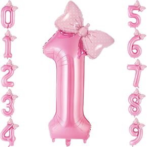 Bow Pink Number 1 Balloon, 40 Inch Large Foil Number Balloons With Bow, Big Mylar Pink 1 Balloons for 1st First Birthday Party Decorations Supplies