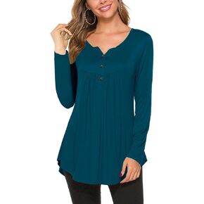 Uvog Womens Dressy Casual Tunic Tops Henley V Neck Long Sleeve T Shirts Pleated Blouse in Kuwait