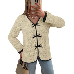 Messic Women's Long Sleeve Tops Knitted Lace Blouse Dressy Casual Loose V Neck Shirt Trendy Fall Winter Outfits 2024