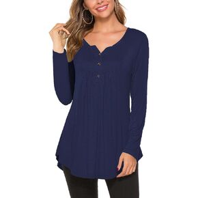 Uvog Womens Dressy Casual Tunic Tops Henley V Neck Long Sleeve T Shirts Pleated Blouse
