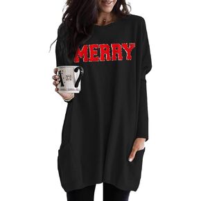 Women Merry Christmas Shirt Glitter Patch Long Sleeve Tunic Top Xmas Holiday Tshirt Dress Blouse Outfit with Pocket