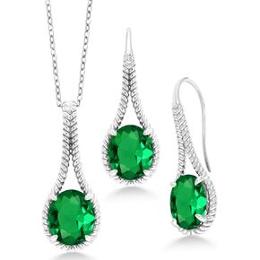 Gem Stone King 925 Sterling Silver Green Simulated Emerald Pendant and Earrings Jewelry Set For Women (12.00 Cttw, With 18 Inch Chain)