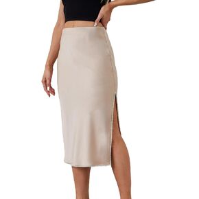 Designer Women Elastic High Waist Rhinestones Trimmed Side Slits Versatile Satin Silky A-Line Midi Skirts