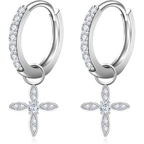 RIVIKO 925 Sterling Silver Drop Dangle Huggie Hoop Cross Earrings for Women Dainty Birthstone Earrings Trendy Christmas Jewelry Birthday Gift for Women Her Wife Friends
