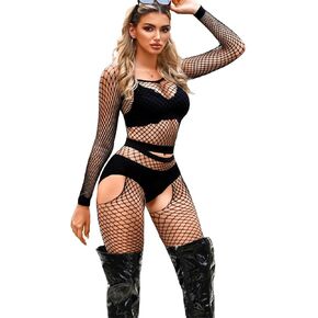 طقم ملابس نسائية مكونة من قطعتين، بدلة قطعة واحدة مثيرة من شبكة صيد السمك، جوارب بفتحات علوية، بذلة شفافة للحفلات والنوادي تناسب 0-12 in Kuwait