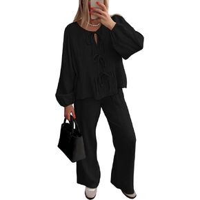 PRETTYGARDEN Womens 2024 Fall Two Piece Outfits Tie Front Long Sleeve Top Wide Leg Pant Lounge Sets Cute Matching Loungewear