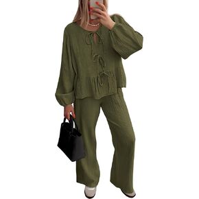 PRETTYGARDEN Womens 2024 Fall Two Piece Outfits Tie Front Long Sleeve Top Wide Leg Pant Lounge Sets Cute Matching Loungewear