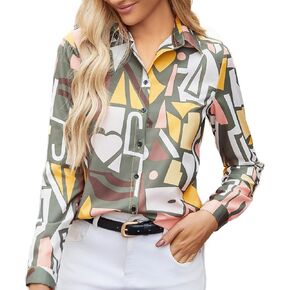 Women's Business Casual Tops Cute Long Sleeve Graphic Print Blouses Trendy Button Down Shirts