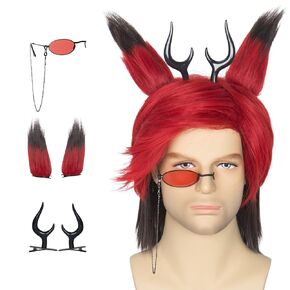 Yan Dream Red and Brown Cosplay Wig with Detachable Ears Black Horns Clips Red Monocle Glasses Chain Men Anime Outfit