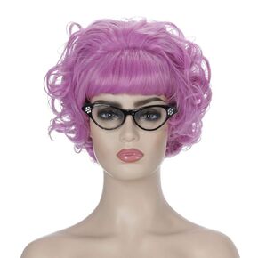 Qaccf Short Curly Women 50s Vintage Pink Lady Halloween Costume Wig with Black Cat Eye Glasses