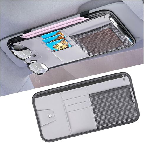 Mandark Car Sun Visor Organizer, PU Leather Vehicle Storage Pouch Holder with Multi-Pocket Zipper, Auto Interior Accessories for Sunglass Pen Document, Universal for SUV, Sedan, Truck (Gray) in Kuwait