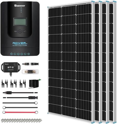 Renogy 400 Watt 12 Volt Premium 4 Pcs 100W Panel+40A MPPT Charge Controller+ Bluetooth Module Fuse+ Mounting Z Brackets+Adaptor Kit +Tray Cables Set, 400W, Grid 12V Solar Power System in Kuwait