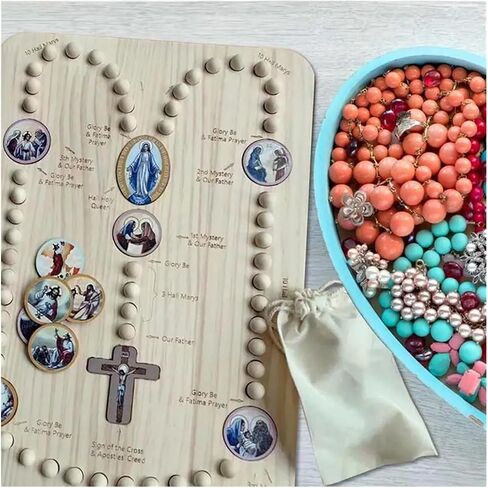 Wooden Rosary Board Pray Board，Mysteries Prayer Card，Wooden Rosary Board ， for Family Prayer with 54 Rosary Beads and Colorful Card Inspired Round Puzzle Rosary(Color a) in Saudi Arabia