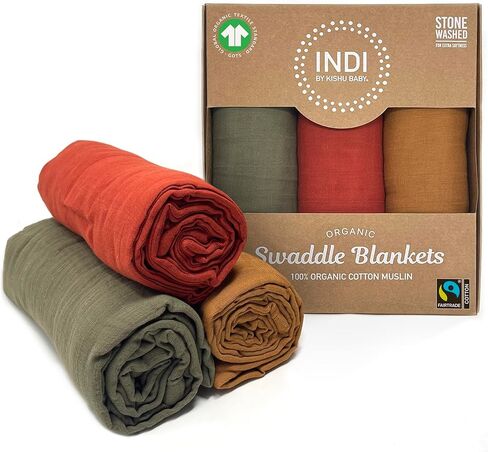 Kishu Baby Indi GOTS Certified 100% Organic Muslin Swaddle Blanket Gift Set in Solid Colors – Fairtrade Certified & Stonewashed for Extra Softness – 47 in x 47 in (Peach, Antique Pink, Lavender) in Kuwait