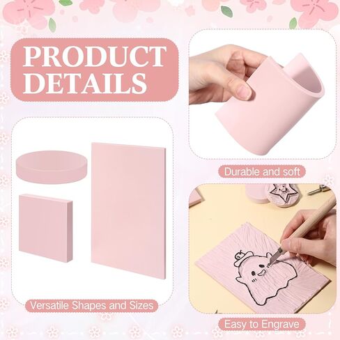 Innconee 18 Pcs Rubber Stamp Carving Blocks Pink Soft Linoleum Blocks Round Square Rectangle Carving Blocks Kit for Stamp Soft Rubber Crafts and DIY Craft Project in Saudi Arabia