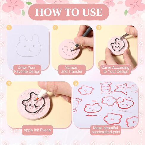 Innconee 18 Pcs Rubber Stamp Carving Blocks Pink Soft Linoleum Blocks Round Square Rectangle Carving Blocks Kit for Stamp Soft Rubber Crafts and DIY Craft Project in Saudi Arabia
