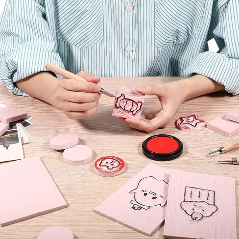 Innconee 18 Pcs Rubber Stamp Carving Blocks Pink Soft Linoleum Blocks Round Square Rectangle Carving Blocks Kit for Stamp Soft Rubber Crafts and DIY Craft Project in Saudi Arabia