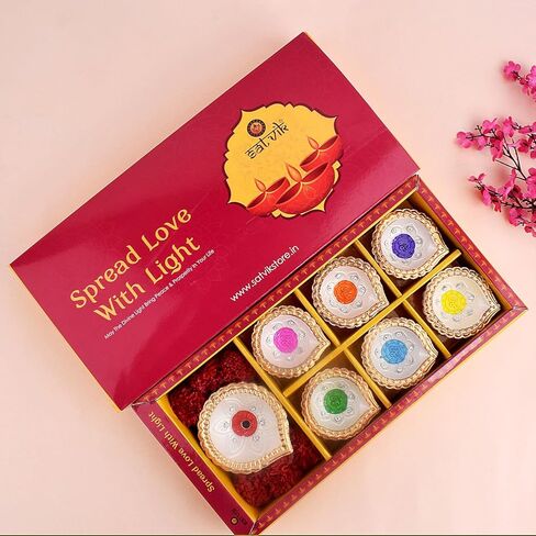 SATVIK 7 قطع (6+1) مصمم متعدد الألوان من الطين ضياء ترابي ضياء تيراكوتا أكريليك ضياء تقليدي بوجا فيلاككو مصباح زيت ميتي طبيعي ترحيب ديوالي ديبوالي بوجا ديكور هندي لهدايا الانتقال إلى المنزل الجديد in Kuwait