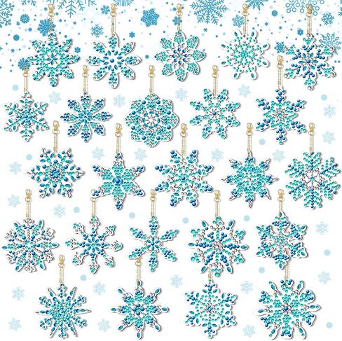 24 Pcs Snowflake Diamond Painting Keychains Winter DIY Diamond Art Key Rings 5D Full Drill Diamond Painting Christmas Tree Ornament Hanging Blue Silver Rhinestone Pendants for Party Supplies Crafts in Saudi Arabia