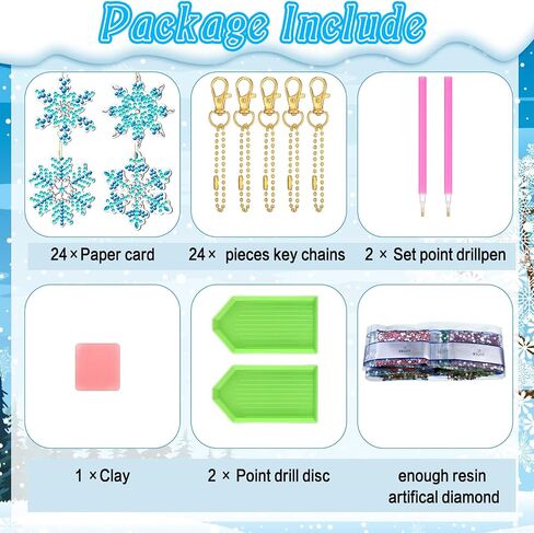 24 Pcs Snowflake Diamond Painting Keychains Winter DIY Diamond Art Key Rings 5D Full Drill Diamond Painting Christmas Tree Ornament Hanging Blue Silver Rhinestone Pendants for Party Supplies Crafts in Saudi Arabia