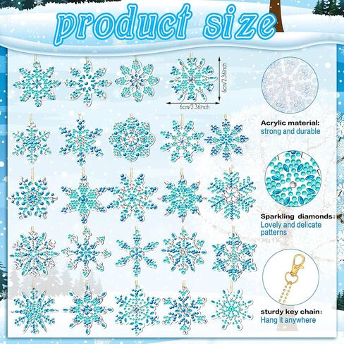 24 Pcs Snowflake Diamond Painting Keychains Winter DIY Diamond Art Key Rings 5D Full Drill Diamond Painting Christmas Tree Ornament Hanging Blue Silver Rhinestone Pendants for Party Supplies Crafts in Saudi Arabia