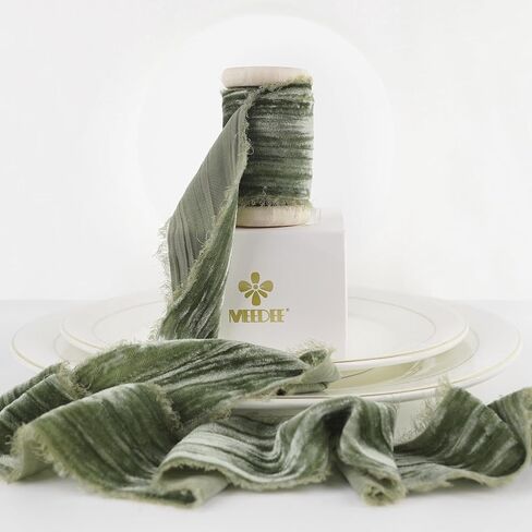 MEEDEE Sage Green Velvet Ribbon 2 Inch Frayed Edge Velvet Silk Ribbon 2 Rolls 4 Yards Crinkle Ribbon Crushed Velvet Ribbon Light Green Velvet Ribbon for Christmas Tree, Gift Wrapping, Holiday Decor in Saudi Arabia