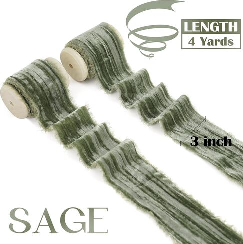 MEEDEE Sage Green Velvet Ribbon 2 Inch Frayed Edge Velvet Silk Ribbon 2 Rolls 4 Yards Crinkle Ribbon Crushed Velvet Ribbon Light Green Velvet Ribbon for Christmas Tree, Gift Wrapping, Holiday Decor in Saudi Arabia