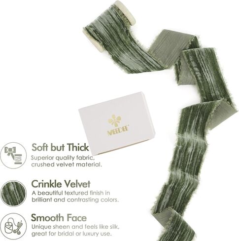 MEEDEE Sage Green Velvet Ribbon 2 Inch Frayed Edge Velvet Silk Ribbon 2 Rolls 4 Yards Crinkle Ribbon Crushed Velvet Ribbon Light Green Velvet Ribbon for Christmas Tree, Gift Wrapping, Holiday Decor in Saudi Arabia