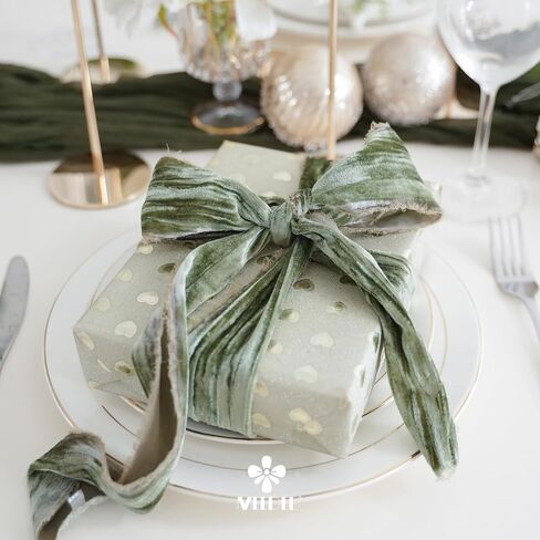 MEEDEE Sage Green Velvet Ribbon 2 Inch Frayed Edge Velvet Silk Ribbon 2 Rolls 4 Yards Crinkle Ribbon Crushed Velvet Ribbon Light Green Velvet Ribbon for Christmas Tree, Gift Wrapping, Holiday Decor in Saudi Arabia