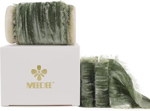 MEEDEE Sage Green Velvet Ribbon 2 Inch Frayed Edge Velvet Silk Ribbon 2 Rolls 4 Yards Crinkle Ribbon Crushed Velvet Ribbon Light Green Velvet Ribbon for Christmas Tree, Gift Wrapping, Holiday Decor in Saudi Arabia