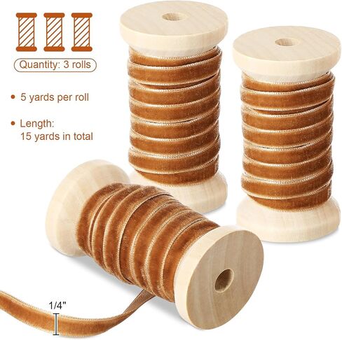 Chuangdi 1/4" X15yd Velvet Ribbon 3 Rolls *5yd Velvet Ribbon for Christmas Tree Fabric Ribbon Christmas Wreath Decoration Velvet Ribbon with Spool for Christmas Tree Decoration Gift Wrap(Khaki) in Saudi Arabia