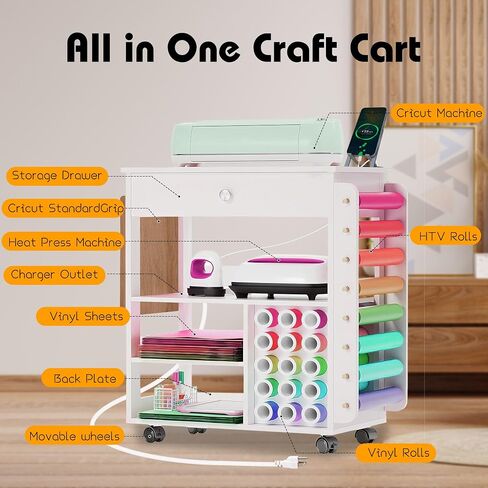 Craft Cart Organization and Storage Craft Table Compatible with Cutting Machine Heat Press Table with Sockets Crafting Cabinet Table Workstation with Vinyl Roll Holder for Home and Office in Saudi Arabia