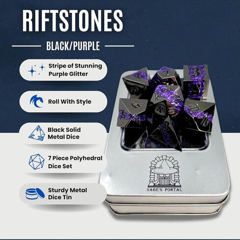 Sage's Portal Metal Riftstone DND Dice 7-PC Polyhedral Dice Set for DND TTRPG Dungeons and Dragons Pathfinder Oversized Designer Dice (Gloss Black/Purple) in Kuwait