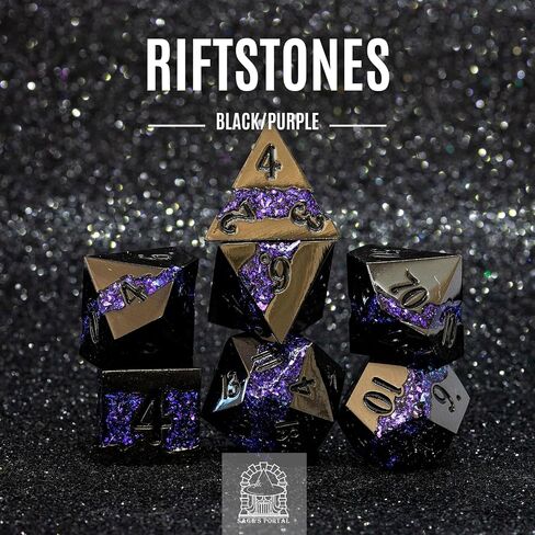 Sage's Portal Metal Riftstone DND Dice 7-PC Polyhedral Dice Set for DND TTRPG Dungeons and Dragons Pathfinder Oversized Designer Dice (Gloss Black/Purple) in Kuwait