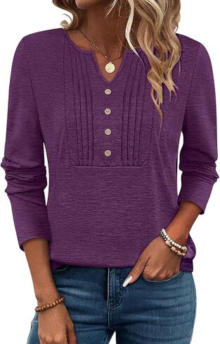PGANDS Women's V Neck Pleated Tops Long Sleeve Button Casual Solid Blouse in Saudi Arabia