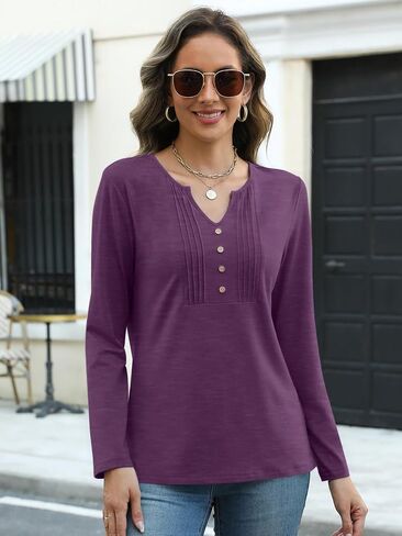 PGANDS Women's V Neck Pleated Tops Long Sleeve Button Casual Solid Blouse in Saudi Arabia